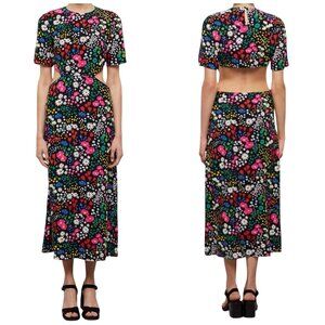 The Kooples Joyful Flowers Cutout Midi Dress Viscose Size 2 (US 6-8)